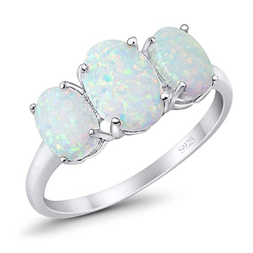 3-Stone Oval Lab Created White Opal Fashion Ring 925 Sterling Silver